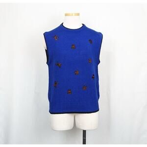 Vintage 80s Sweater Vest Blue Wool Teddy Bears Sleeveless Misses Size M